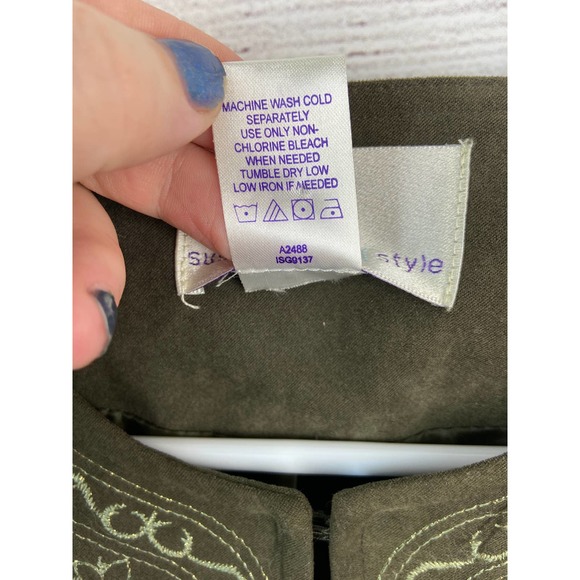 Susan Graver hook eye closure green heavy embroidery woven jacket size M - Picture 6 of 7